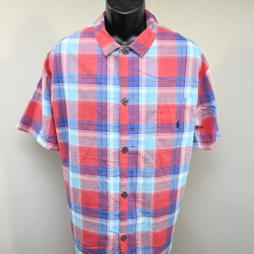 Polo Ralph Lauren Sleepwear Button Up Shirt Plaid Short‎ Sleeve Mens Size Large